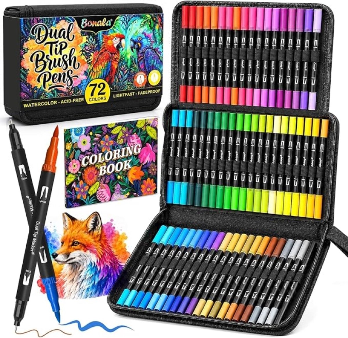 72 Kleuren Viltstiften Dubbele Punt - Fineliner & Penseelstift Set voor Kleurboeken, Handlettering, Journaling & Schetsen - Inclusief Opbergdoos en Kleurboek
