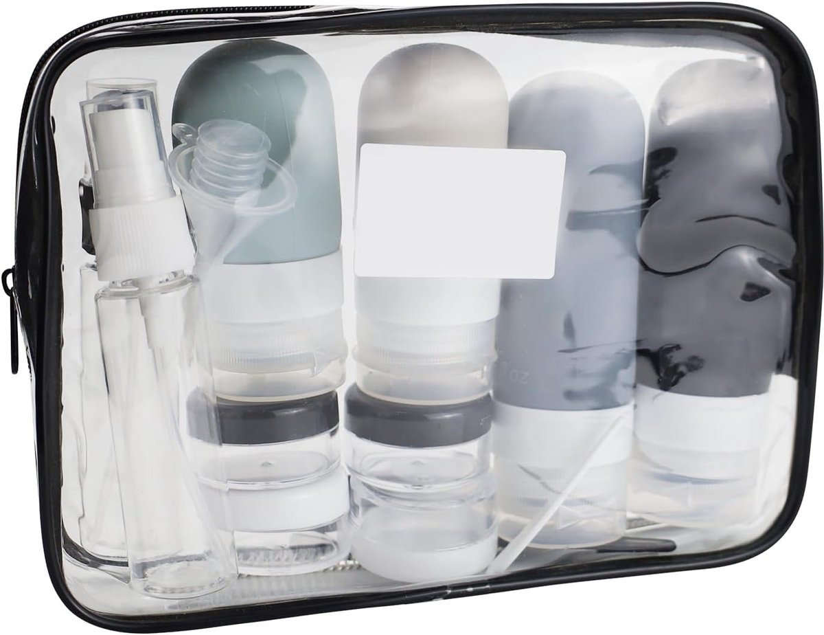 18 stuks reisflessen om te vullen, set van siliconen reisflessen, reiscontainers, voor shampoo, lotion, haarconditioner, douchegel, met etiketten, lekvrije reisflessen, grijs