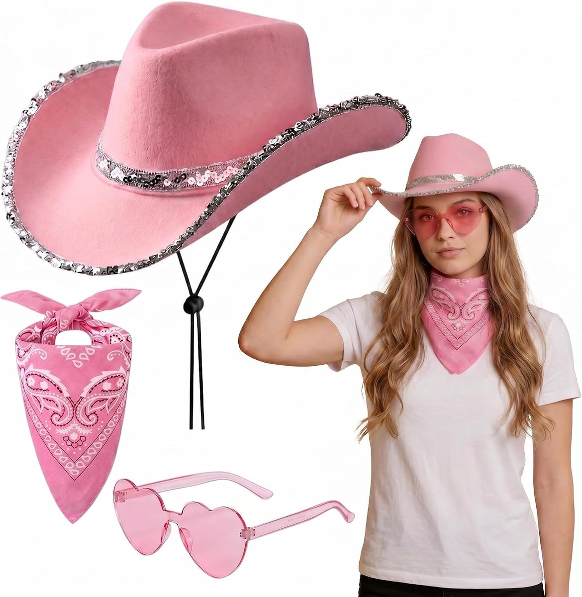 Cowboyhoed, accessoireset, 3-delige cowboyoutfit, set met cowboyhoed, hartvormige zonnebril, bandana's, cowboyhoed, accessoireset voor Halloween, carnaval, bruiloft, themafeest