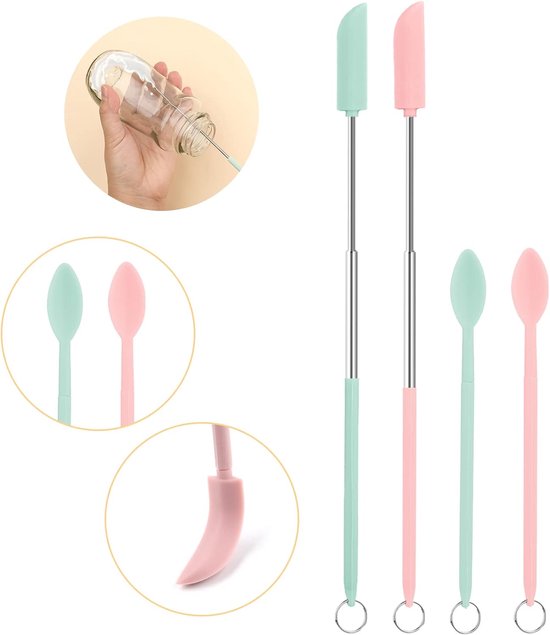 Spatel Siliconen en Lepel, 4st Mini-Spatels 4st Telescopische Lepels Intrekbaar Kleine Make-Up Spatels Set voor Keuken Voedsel Smalle Fles Blik Cosmetica (Roze, Groen) — afbeelding 5