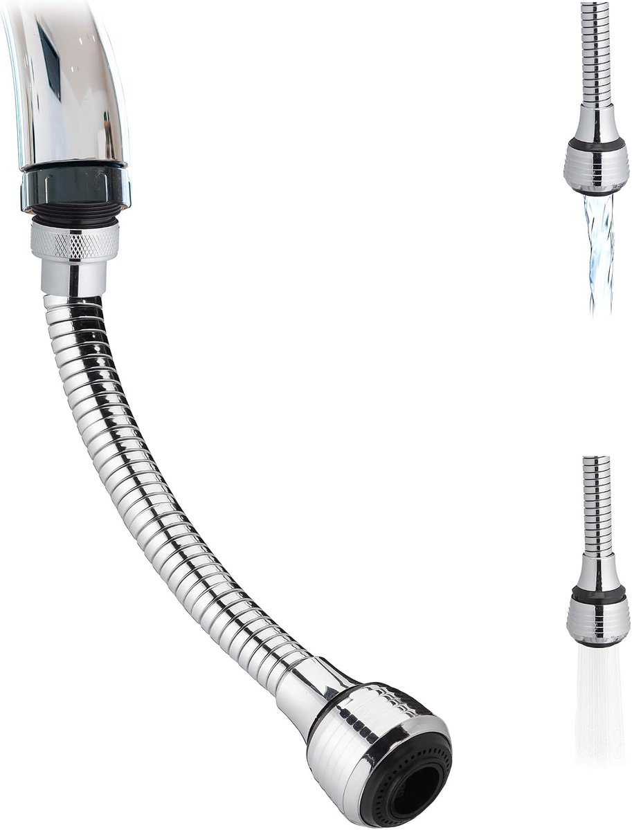 Flexibele kraanverlenger met 2 sproeistanden en 4 schroefdraadadapters, 30 cm, roestvrij staal, zilver