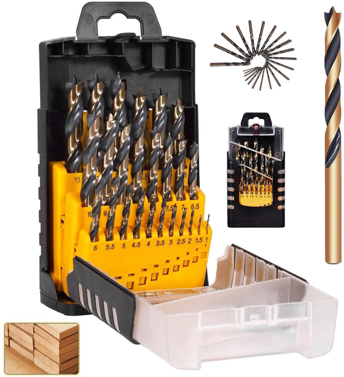 1-13 mm, 25-delig, Wood Drill Bit Set [blijvend scherp en nauwkeurig] HSS-G boorset - boorset hout - houtspiraalboorset met brad point, stappen van 0,5 mm