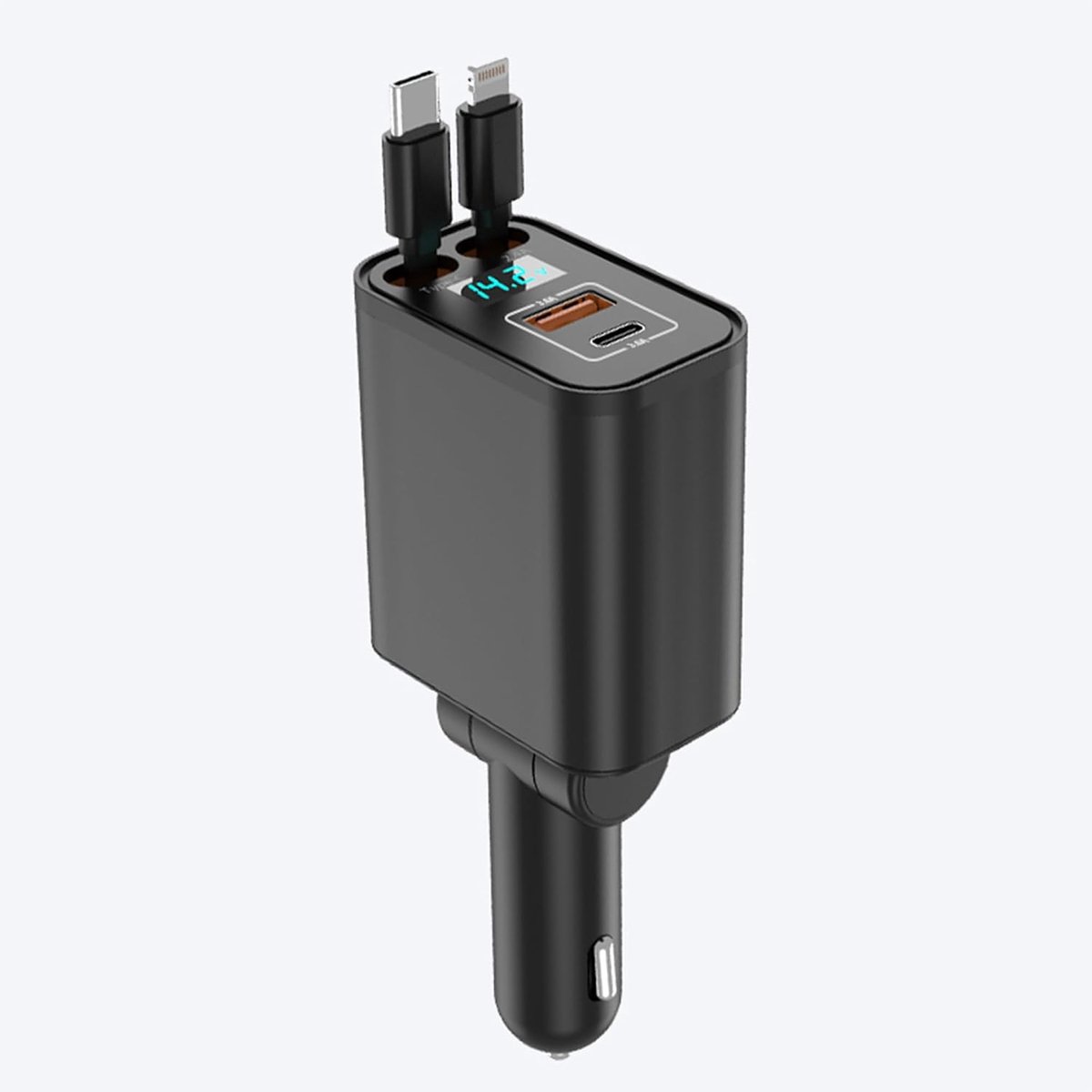 4-in-1 autolader, 87 W, supersnel opladen met intrekbare kabels (80 cm), 180 graden draaibaar, spanningsweergave, PD45W QC4.0 voor Huawei/Xiaomi/Oppo/iPhone 16/Galaxy S25, auto-accessoires