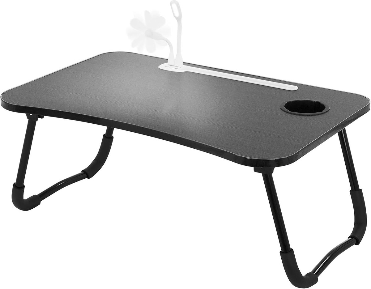 Laptoptafel voor Bed/Sofa, Zwart 60x40 cm, Opvouwbare Bedtafel, Notebooktafel met 4 USB-laadpoorten, Lade, USB-lamp, Ventilator, Tablethouder, Drankhouder, Laptopstandaard Lapdesks
