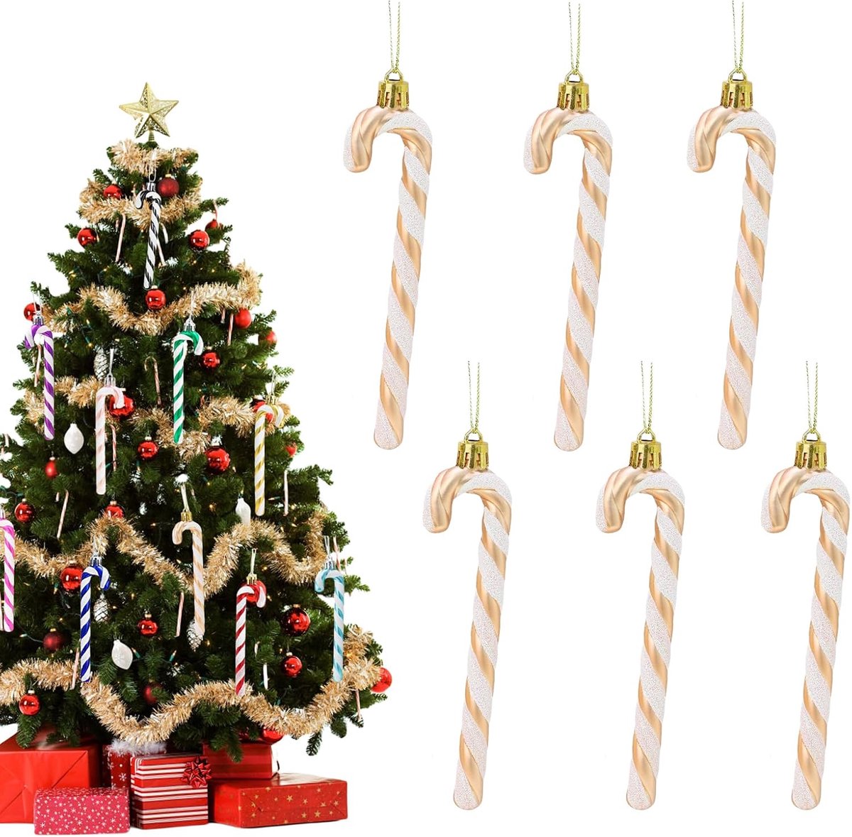 6 stuks 13 cm Kerst Glitter Snoep Riet voor Kerstboom Decoraties, Plastic Snoep Riet Kerstboom Hanger voor Xmas Nieuwjaar Feestbenodigdheden (Champagne)