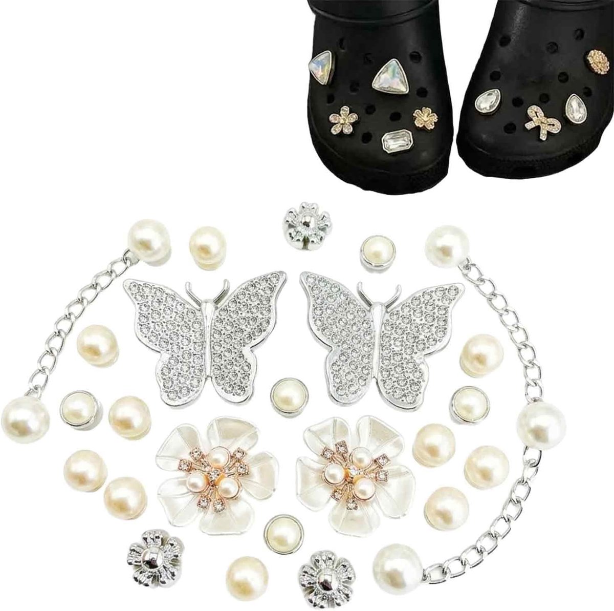 Bedels met parels en bloemen en vlinder, glitterbedels voor het versieren van klompen, schoensieraden met bloemenpatroon, voor jongens, meisjes, vrouwen