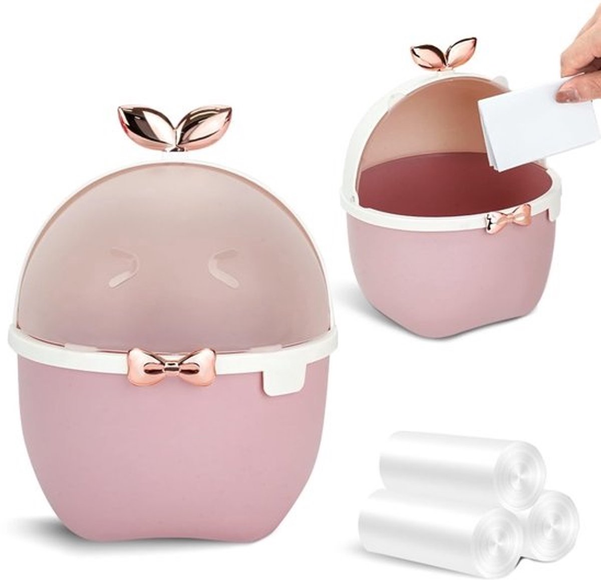 Mini Tafelprullenbak met Deksel - Kawaii Cartoon Dierenontwerp - Inclusief 3 Rollen Vuilniszakken - Voor Kinderkamer, Kantoor, Auto, Keuken, Badkamer - Roze - 19,5 x 15 x 15 cm