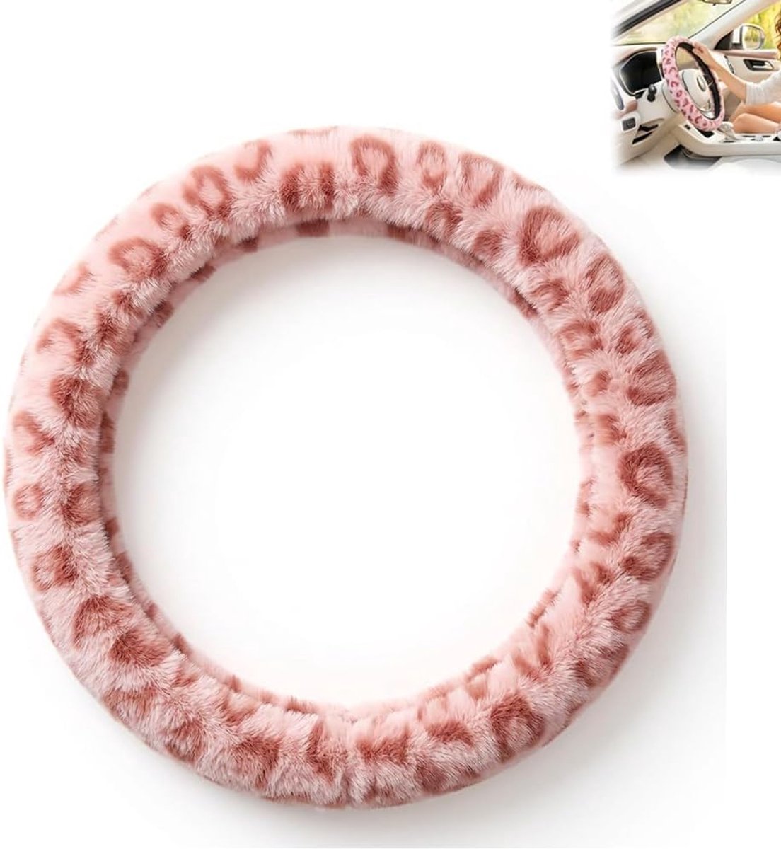 Stuurhoes voor auto, stuurhoes van pluche, luipaard, roze, antislip, comfortabel, zonder elastische ring, bescherming en interieurdecoratie, 38 cm