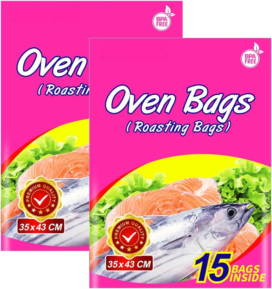 30 × Ovenzak voor smaakvolle gerechten, kookzak, braadzak, middelgrote maat voor vlees, kip, vis, groenten (2-pack, 35 x 43 cm, PET-constructie, wegwerpbaar, trekkoord, roze)