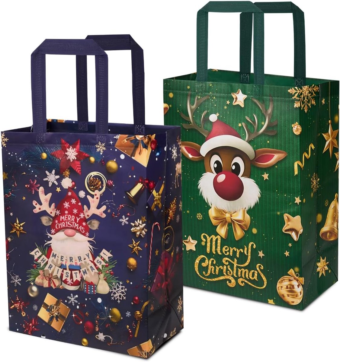 2 stuks kersttassen met handvat, herbruikbare cadeautassen, boodschappentassen, inpaktassen voor kerstfeestdecoratie (blauwgroen)