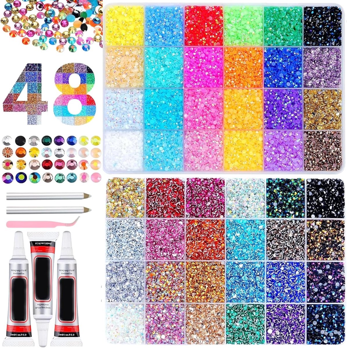 48000 stuks 3 mm harssteentjes, 48 kleuren, platte strass-steentjes, Bedazzler-kit met 2 pick-upstiften en pincet, voor knutselen, nagelkunst, kleding, gezichtsschilderen