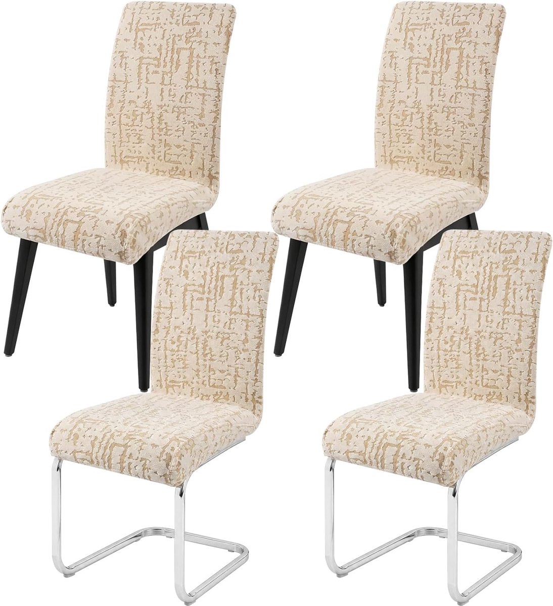 Set stretch, universele jacquard-stoelhoezen met elastiek, afneembaar en wasbaar, voor eetkamerstoelen, ideaal voor hotel, banket en bruiloft (vierkant, beige, 4 stuks)