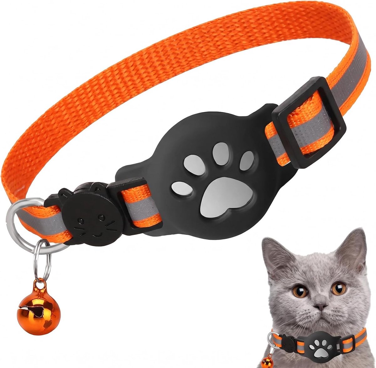 1 x kattenhalsband met houder, compatibel met Air Tag, reflecterend, elastisch, oranje, verstelbaar, anti-wurging