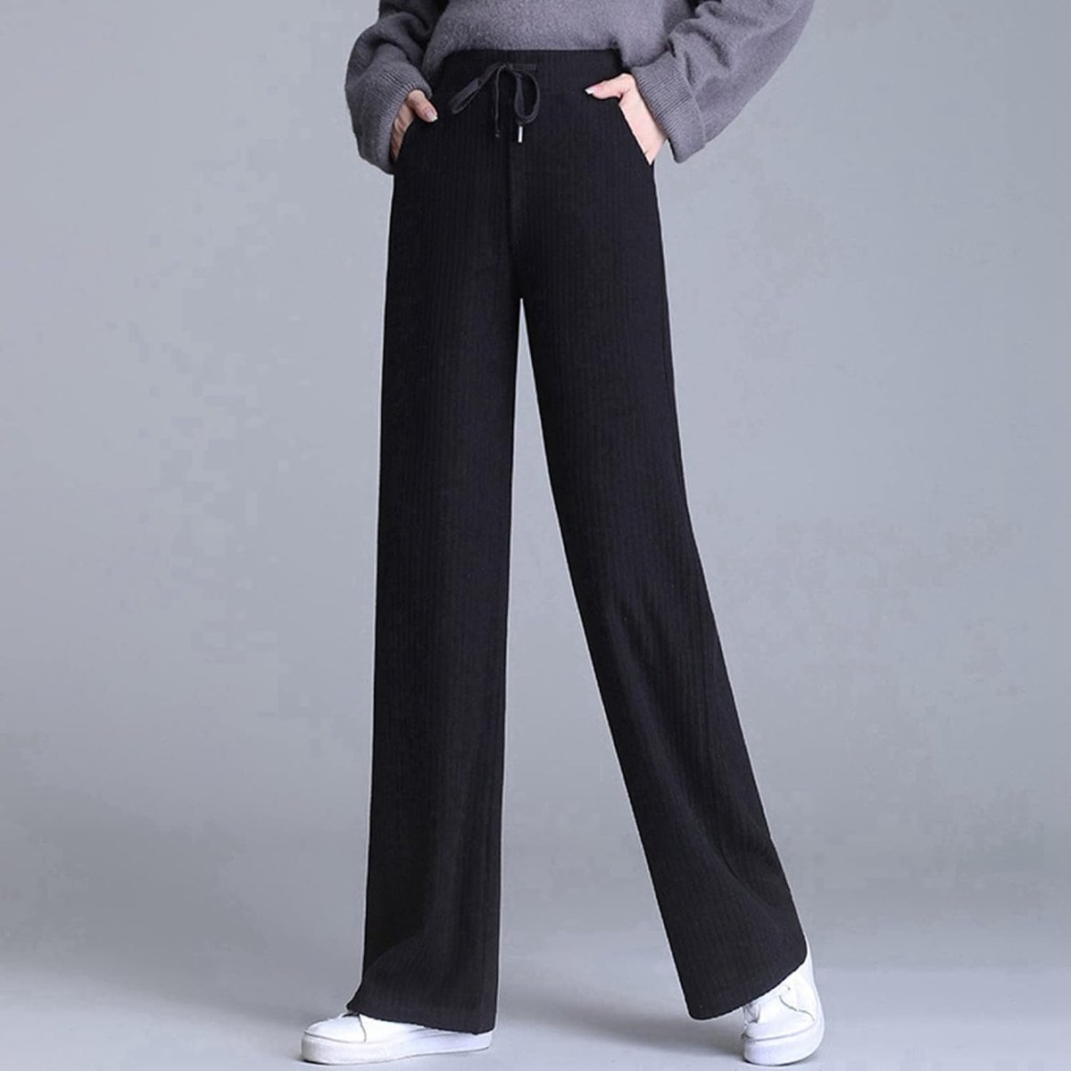 Wijde Pijpen Broek - Winter Dames Kasjmier Gebreide Broek Warm Verdikt Modieus Rechte Pijpen Broek Zwart Retro Hoge Taille Losse Dweilbroek Dames Kerst Nieuwjaar Geschenk,Black,Xs