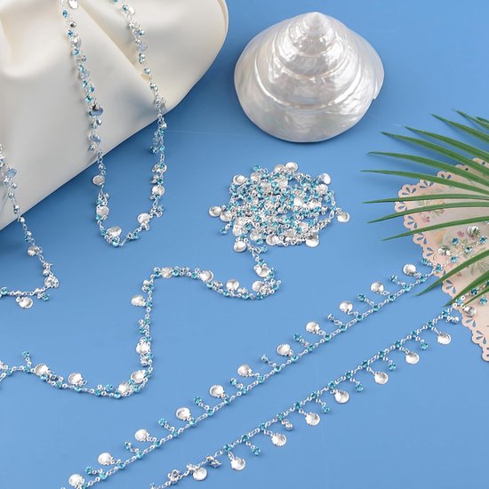Shell Strass franje trim, schelp kwastje ketting met blauwe strass opknoping kralen franje lint voor naaien bikini strand kostuum doe-het-zelf ambachten — afbeelding 5