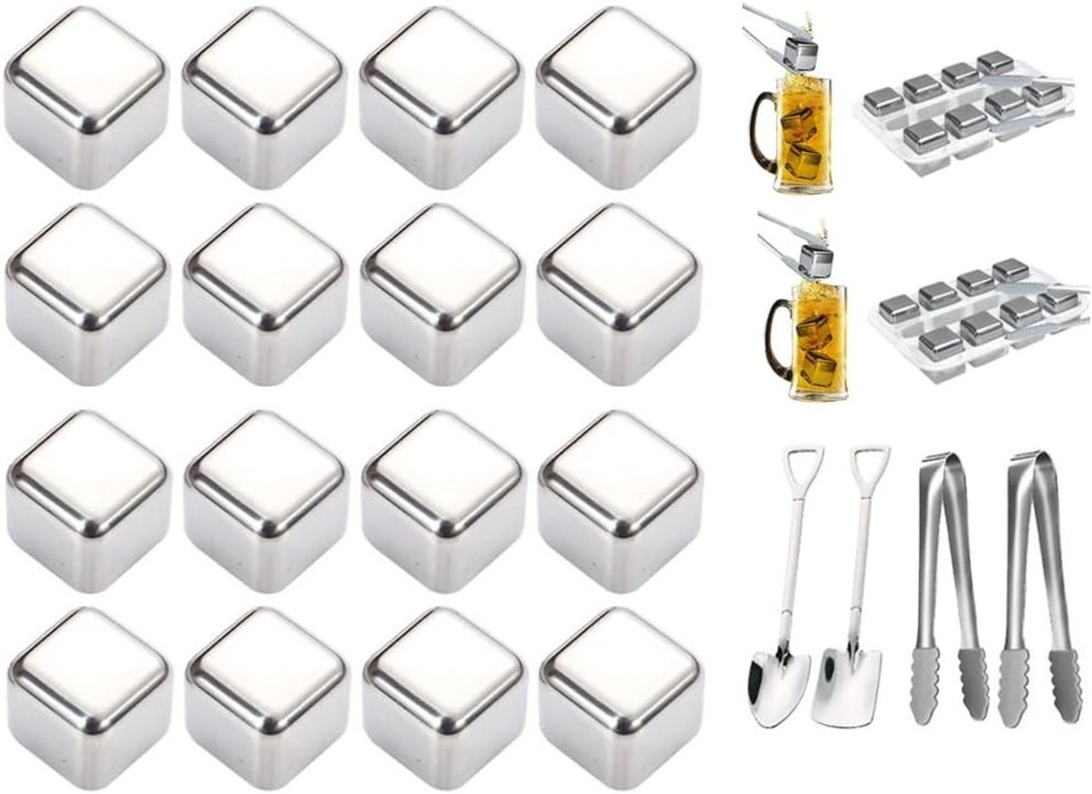 Herbruikbare ijsblokjes set van 16, roestvrijstalen ijsklontjes voor whisky, vodka en cocktails met clip en lepel, ideaal voor dranken en sap