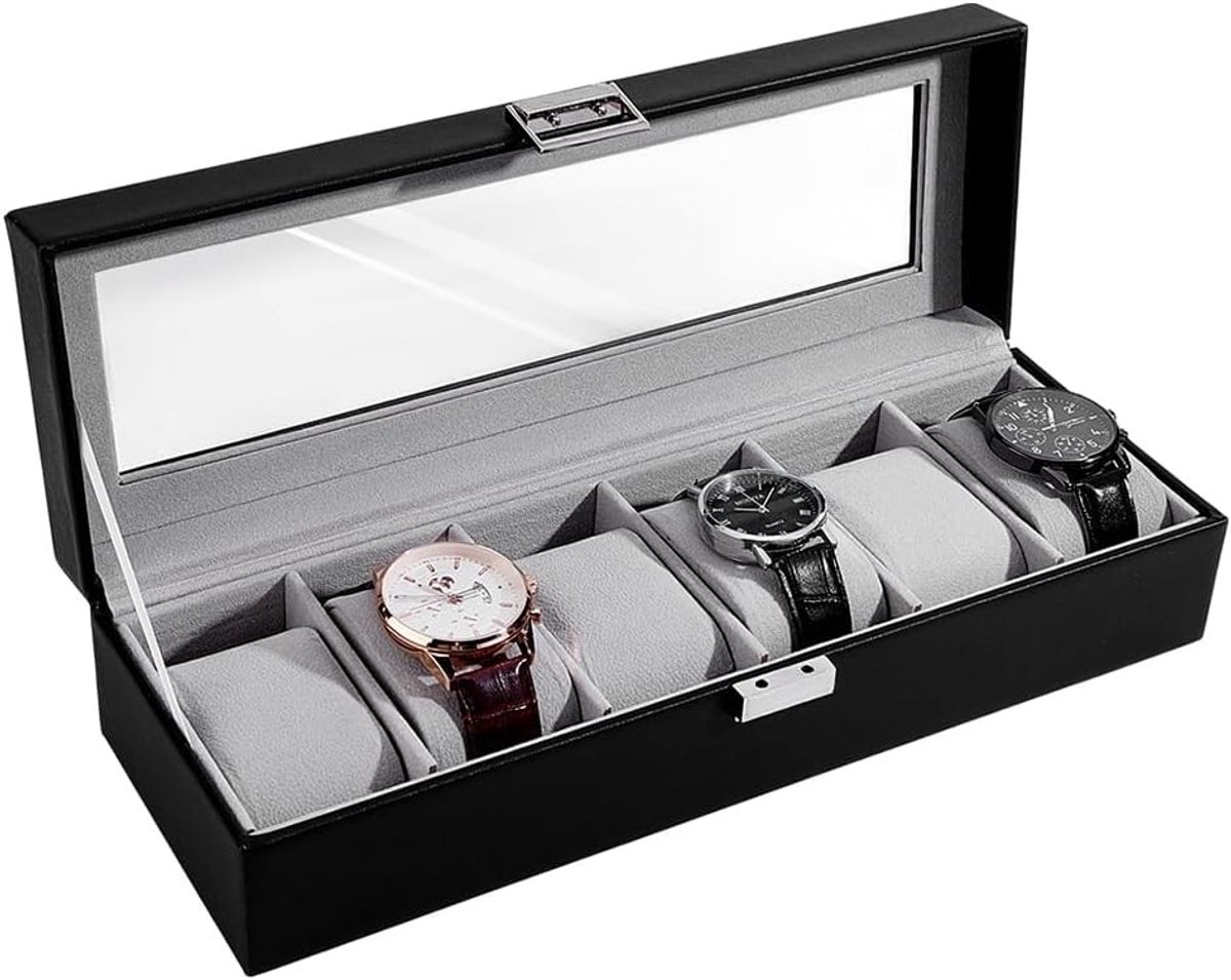 6 Slots Horlogedoos voor Mannen, PU Leren Horloge Organizer met Duidelijk Glazen Deksel, 32.5cm, Zwart Slotbare Opbergdoos met Zachte Kussen voor Horloge Bewaring en Reizen