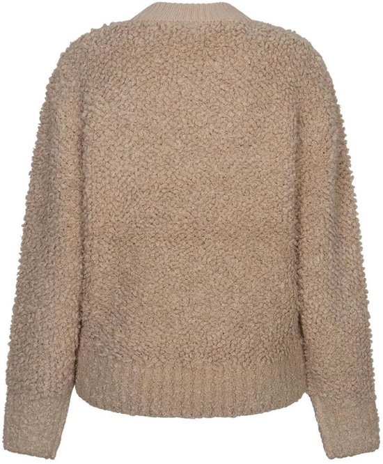 Beige gebreid bomberjack van bouclé, van achteren gezien, met ronde hals.