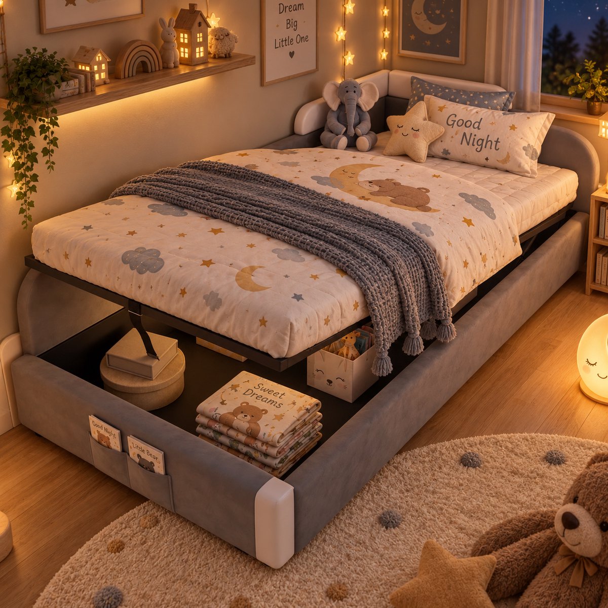 Welltin Kinderbed 90x200 cm - Eenpersoonsbed - Gestoffeerd bed - Vloerbed - Met zijhekken - Met opbergvak - Met Hydraulische Mechanisme - Fluwelen stof - Grijs