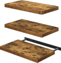 Drie bruine zwevende planken met houtnerfpatroon, één met montagebeugel.