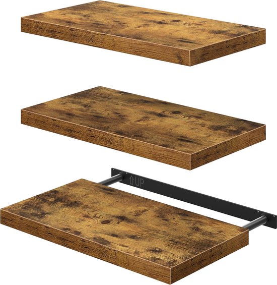 Drie bruine zwevende planken met houtnerfpatroon, één met montagebeugel.