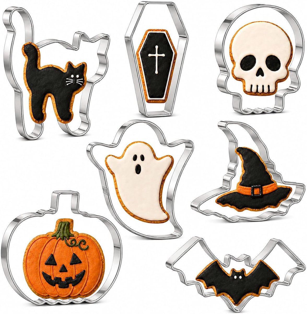 Uitsteekvormen Halloween 7-delige set - roestvrijstalen koekjessnijders - klassieke motieven - voor creatieve bakideeën - ShopVlot