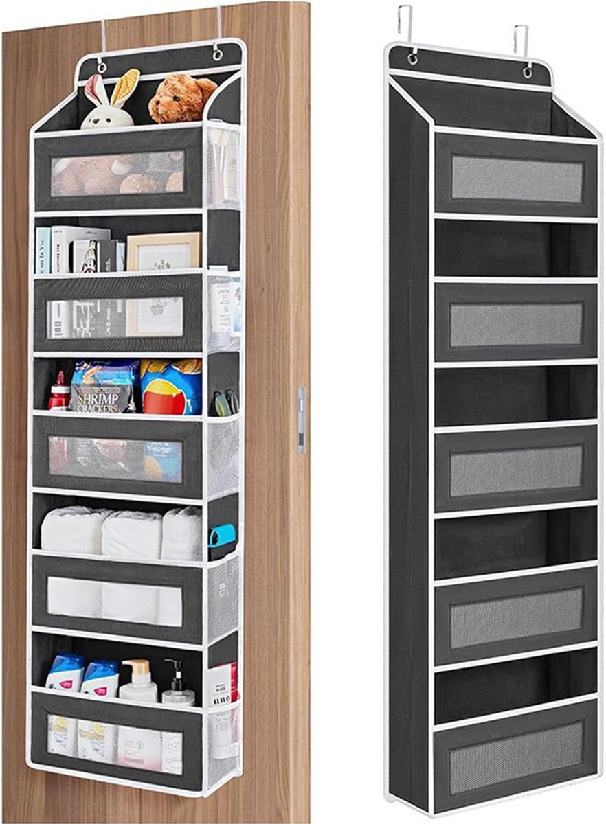 donkergrijs met haken | Voor badkamer en slaapkamer. 5 zichtbare netvakken besparen ruimte achter de deur. Ideaal voor het opbergen van accessoires.