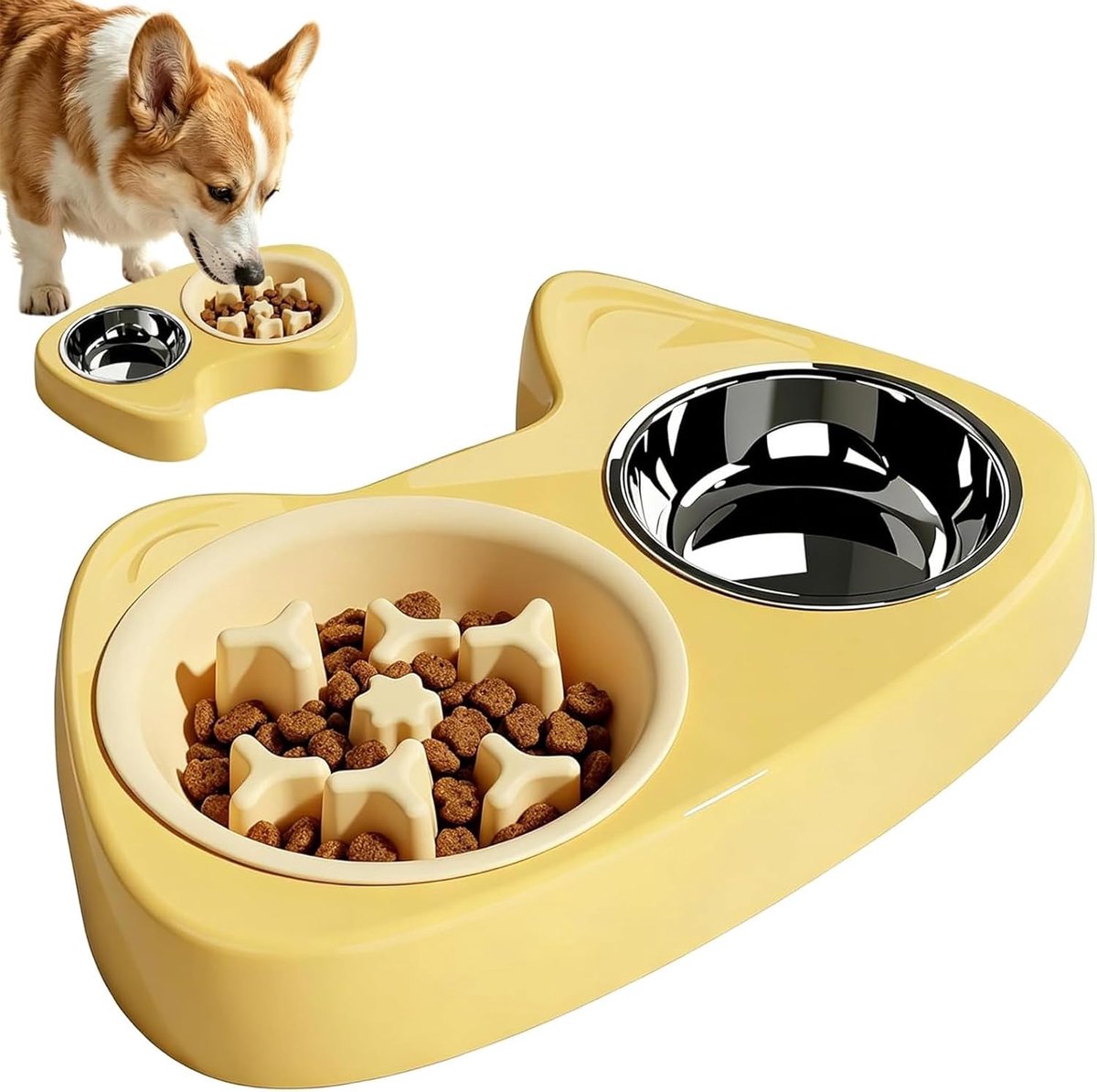 2-in-1 voerbak voor honden en katten, 2-in-1 voerbak van roestvrij staal, voor kleine honden en katten, angstvoederbak met antislip onderkant, langzame voerbak ter voorkoming van verstikking