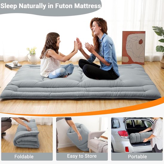 5-laags dik tatami-vloerbed – draagbare oprolbare slaapmat – voor kamperen, camper, studentenhuis, yoga, kinderspel – 203 × 137 × 10 cm – lichtgrijs — afbeelding 3