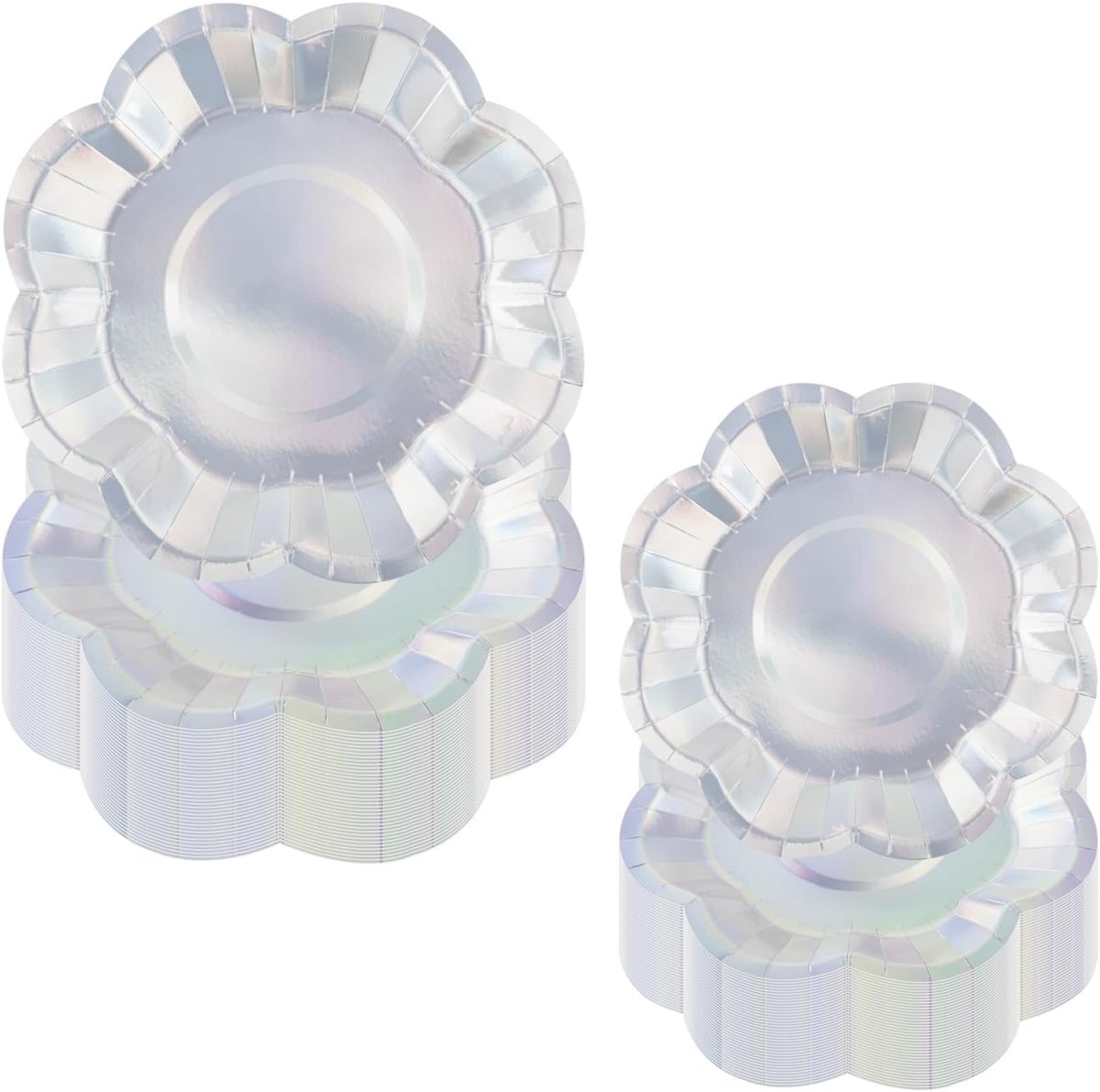 100 stuks iriserende zilveren geschulpte papieren borden set, 7 Inch & 9 Inch Holografische Feestborden voor Eenhoorn Zeemeermin Disco Afstuderen Verjaardagsfeestje Servies Levert