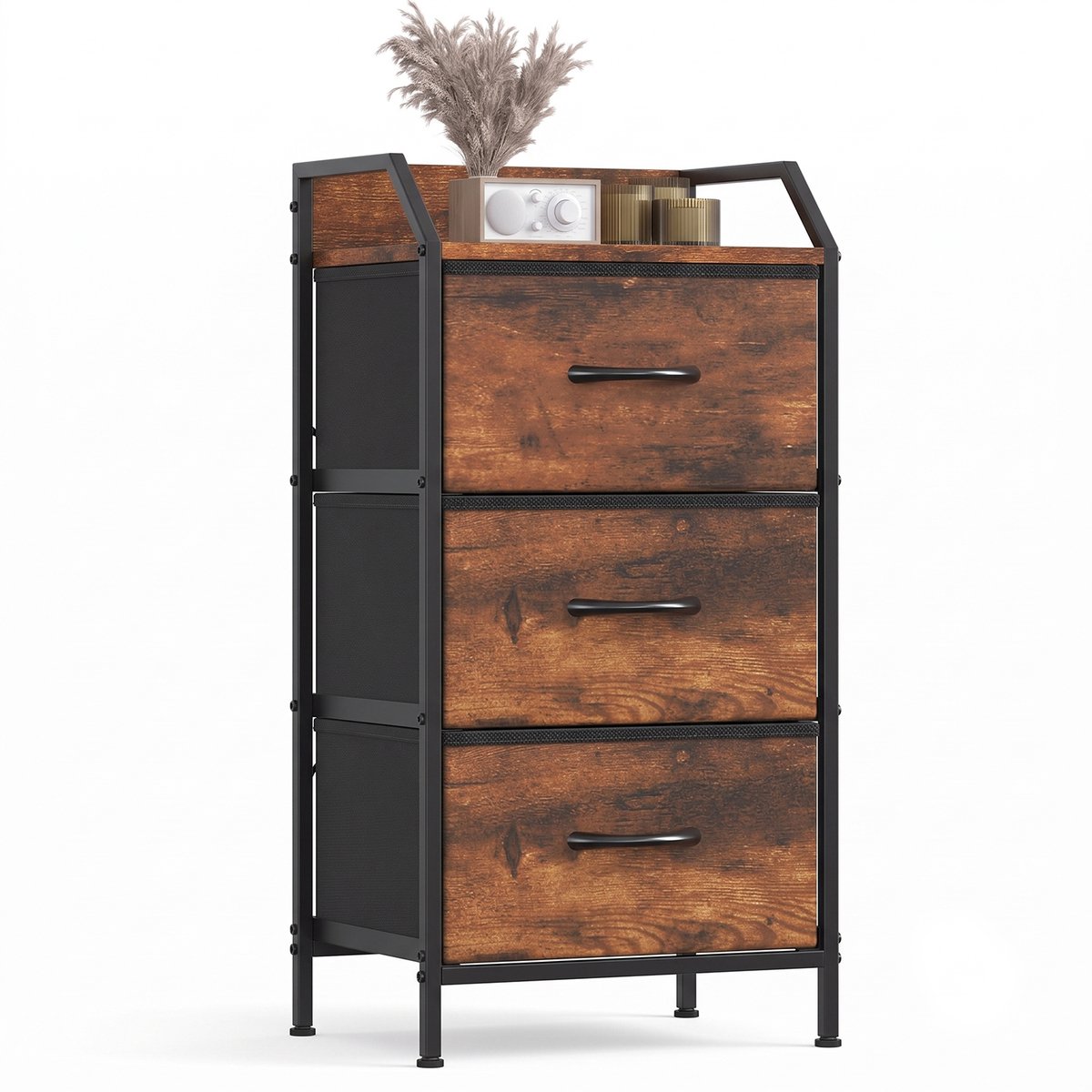 Hoog industrieel nachtkastje - 3 stoffen lades - Rustieke houtlook en zwart - MDF-blad met opstaande rand - Verstelbare voeten - 40 x 30 x 78 cm