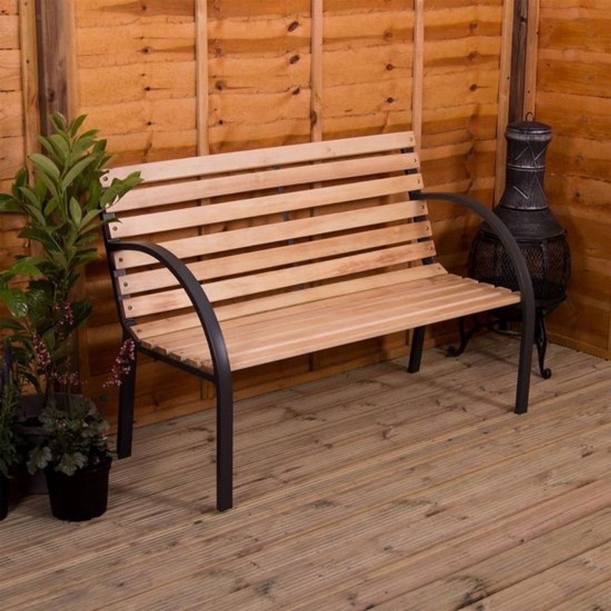 Houten Tuinbank met Stalen Onderstel - 2-persoons Parkbank voor Buiten