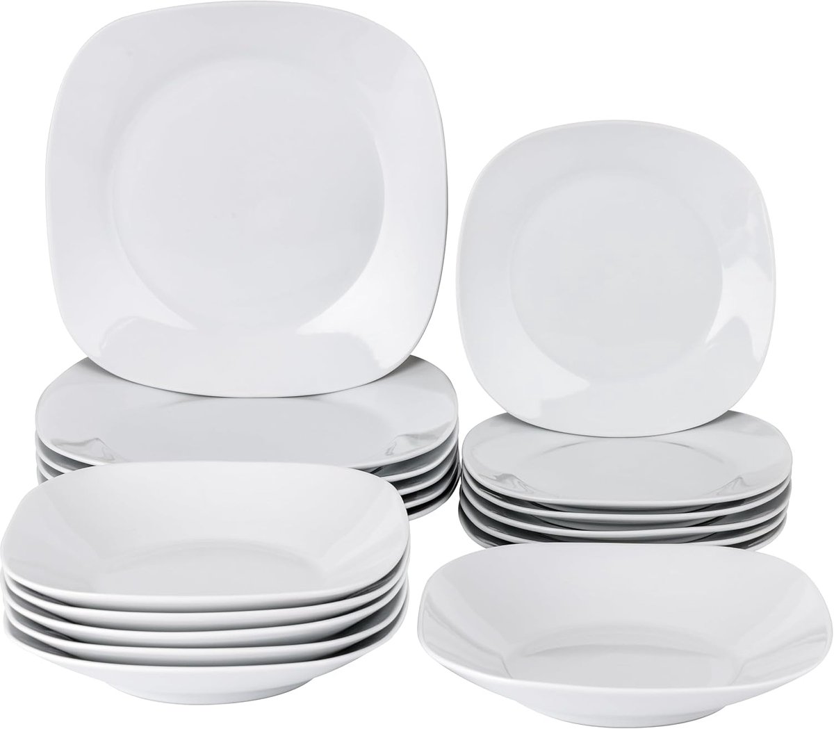Home 18-delig servies van porselein en aardewerk, kleurrijk tafelservies voor 6 personen, soepborden, dessertborden, fruit- of dessertborden, vierkant wit