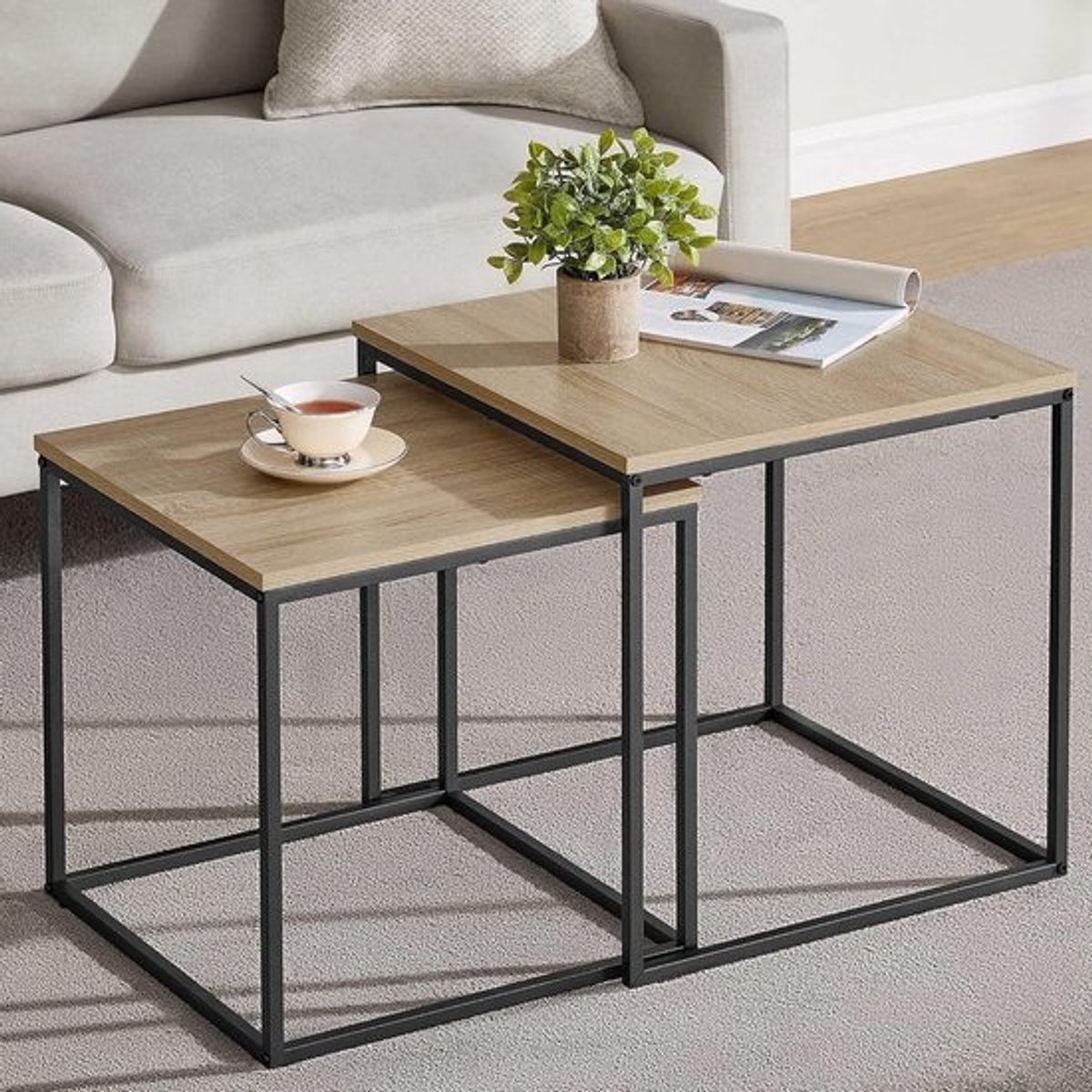 Set van 2 Vierkante Nestbare Salontafels met Loftdesign en Krasbestendig Oppervlak