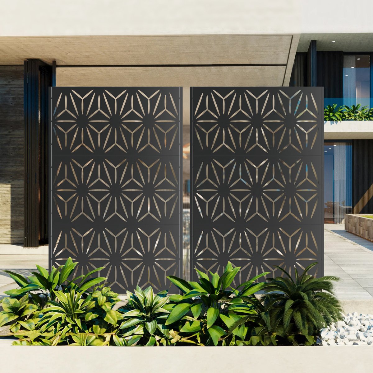 MEUNIQ vrijstaand metalen privacyscherm 116 x 40 x 183 cm – zwart decoratief tuinscherm met voet voor balkon, terras en tuin