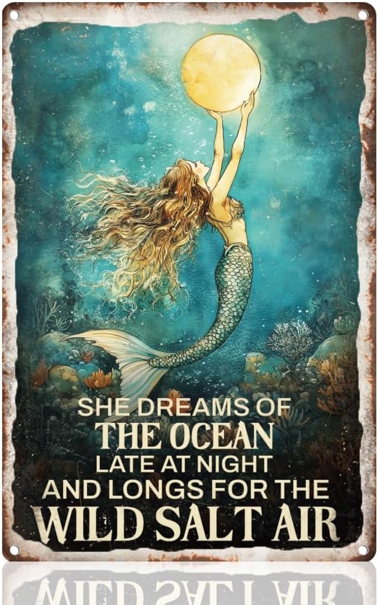 zeemeermin met de maan teken muur decor "She Dreams of the Ocean Late at Night" metalen tinnen bord vintage poster voor thuis, keuken, kantoor, badkamer bar wanddecoratie cadeau 20 x