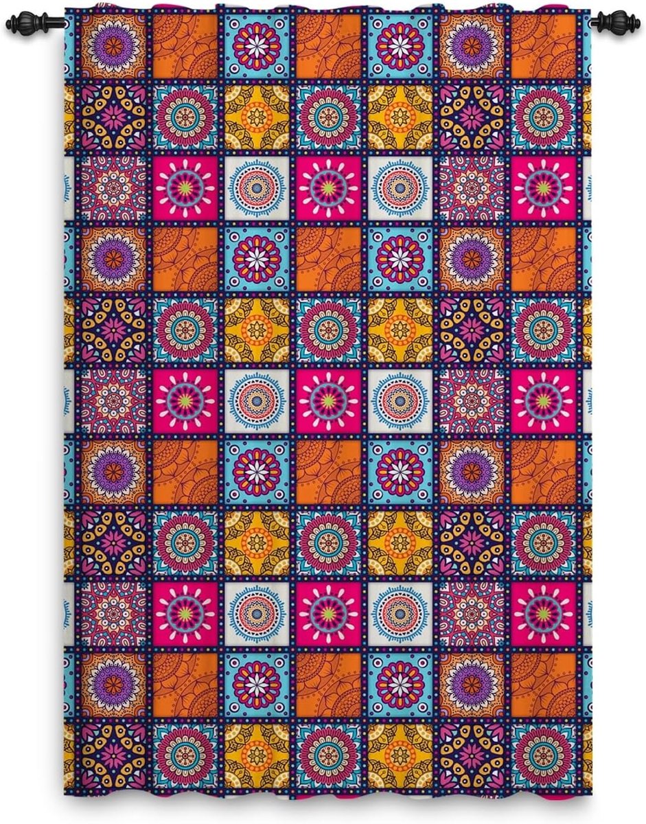 patchwork, boho, mandala, abstract patroon, hippie, Marokkaans gordijn, potloodplooien, raamdecoratie, slaapkamer, eetkamer, gordijn, roedezak, 107 x 160 cm, 1 paneel
