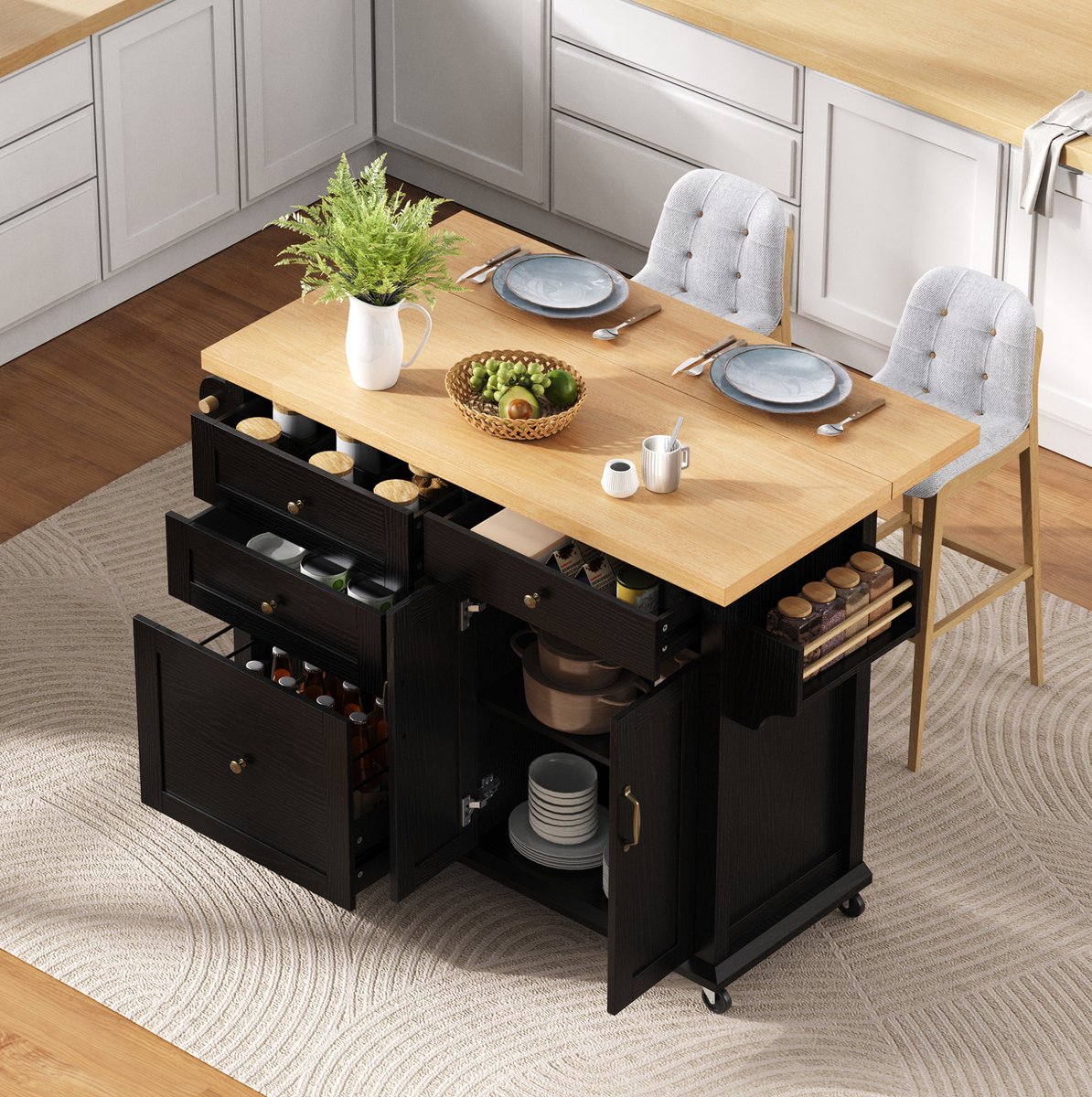 MEUNIQ Mobiel keukeneiland 107 x 45-70 x 90,5 cm met uitklapbaar werkblad, wieltjes, 2 deuren, lades en kruidenrek voor keuken en eetkamer - zwart/naturel