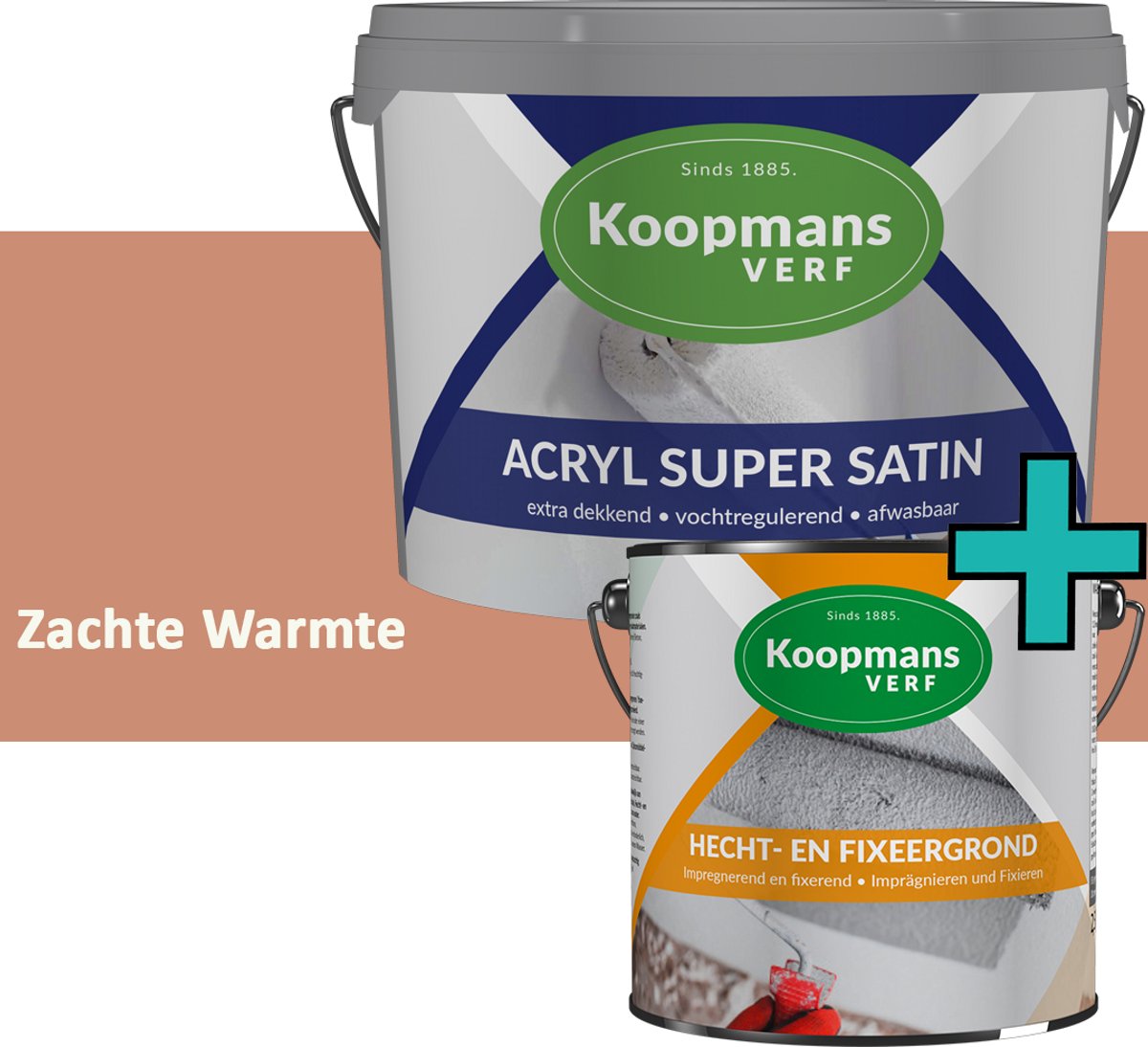 Koopmans Hecht- en Fixeergrond 2,5 l + Acryl Super Satin Muurverf - Set - Primer + Zijdeglans Muurverf Binnen en Buiten - Afwasbaar en Dekkend - Zachte Warmte - 1 l