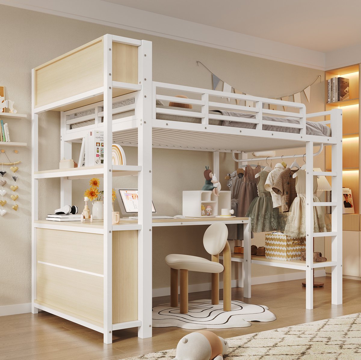 MODENUIT Hoogslaper – Bureau en Opbergruimte – 90 x 200 cm – Metaal en MDF – Wit – Kledingstang – Zonder Matras