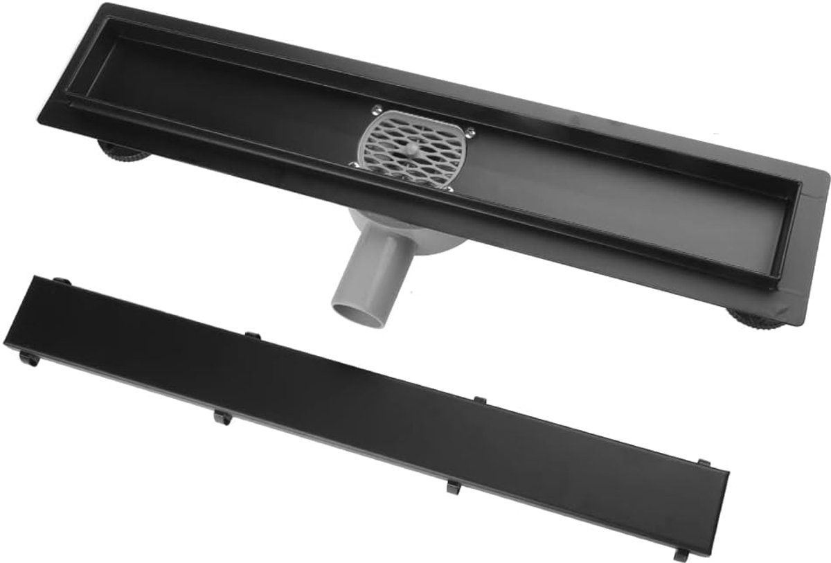 Douchegoot, 80 cm, 2-in-1,360 graden, sifon met geurstop en haarzeef, randafvoer, betegelbaar, roestvrij stalen afvoergoot, bodemafvoer, zeer plat, complete set met bodembevestiging, zwart