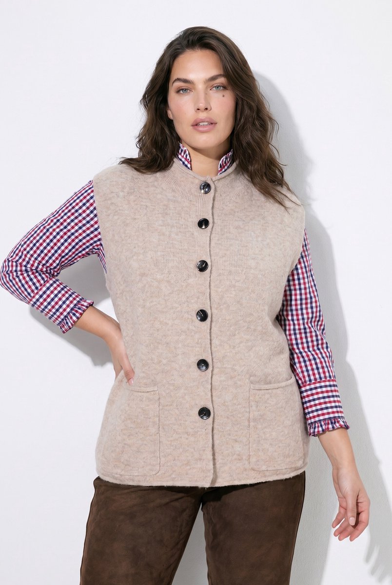 Ulla Popken - Dames - Gebreid gilet rolrandjes ronde hals mouwloos - Donker kiezel - Maat 42+