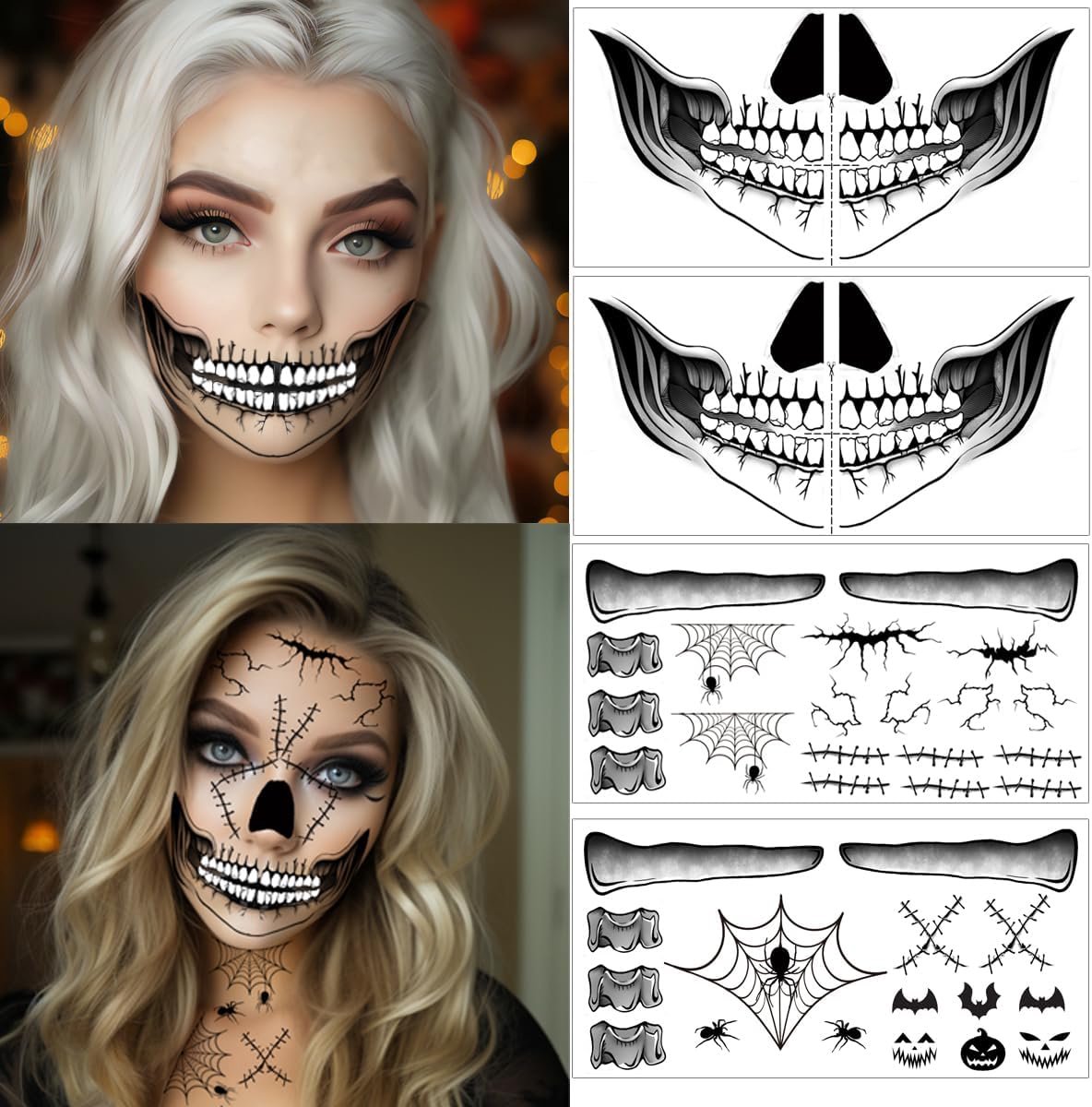 8 x Halloween tatoeages doodshoofd schedel om op het gezicht te plakken, Halloween mond tattoo, Halloween zombie gezichtstattoo, Halloween make-up, Halloween accessoires (A)