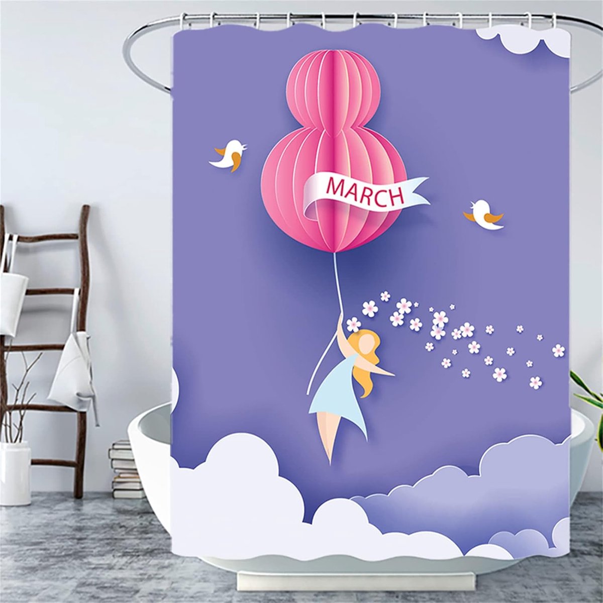 Blauw meisjes, textiel douchegordijn, hotelkwaliteit, zware belasting, waterafstotend, wasbaar, verzwaarde zoom, onderhoudsvriendelijk, badgordijn met 12 douchegordijnringen, 180 x 180 cm