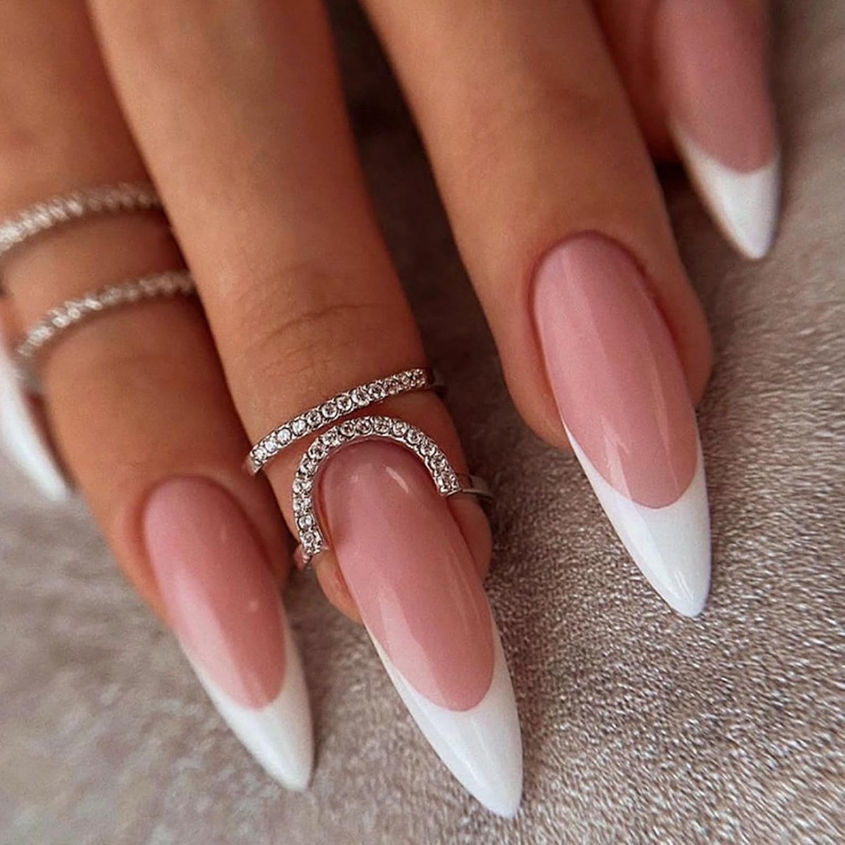 24 stuks nagels om op te plakken, stiletto, medium vingernagels om op te plakken, French press on nails, witte rand, acryl, kunstnagels, herbruikbaar, ballerina, amandel, nepnagels voor dames