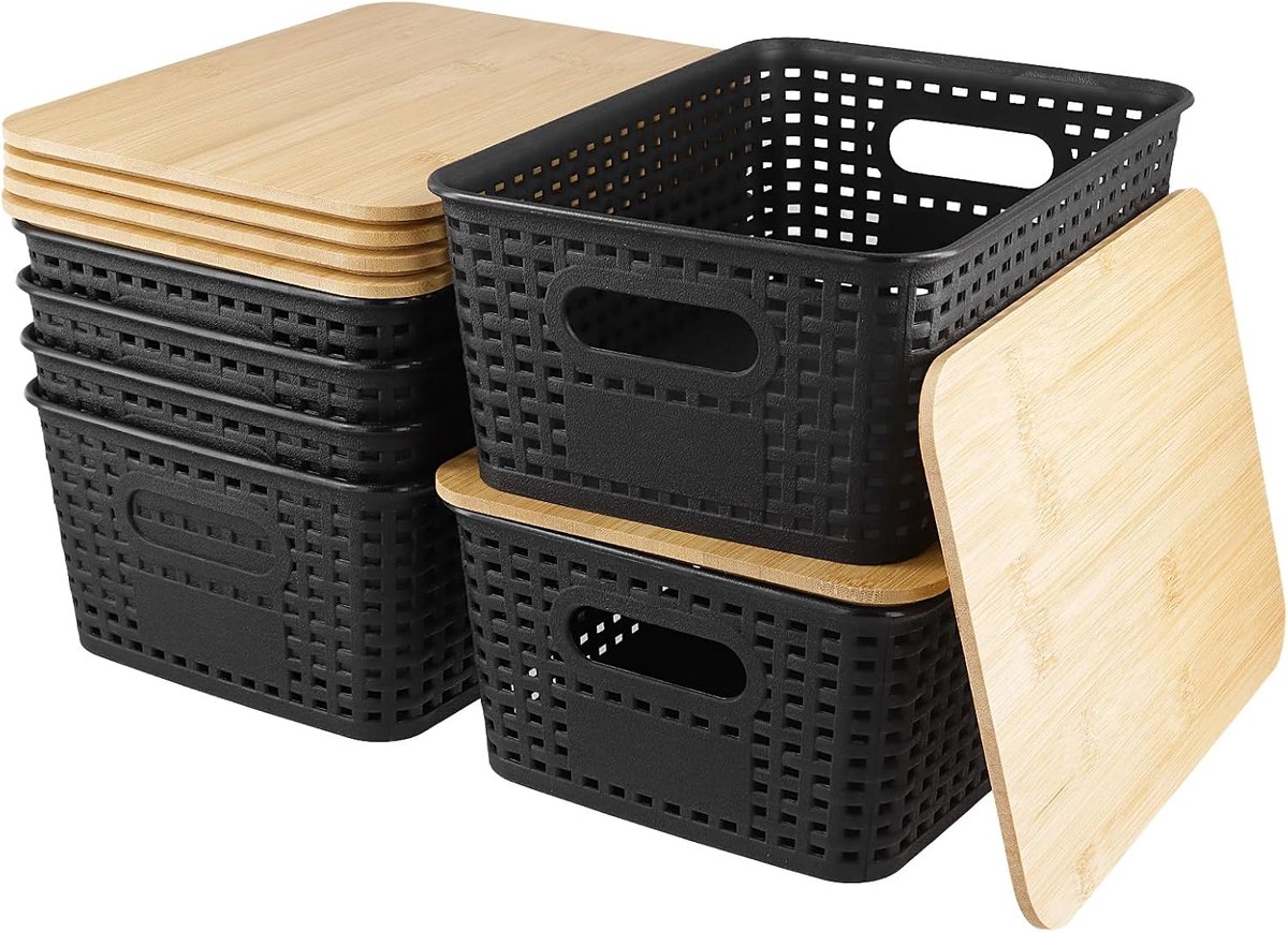 6 stuks opbergdozen met bamboedeksel, zwart, 25,3 x 18,4 x 10,5 cm, opbergmand met bamboedeksel, stapelbare opbergdozen voor badkamer, keuken, slaapkamer