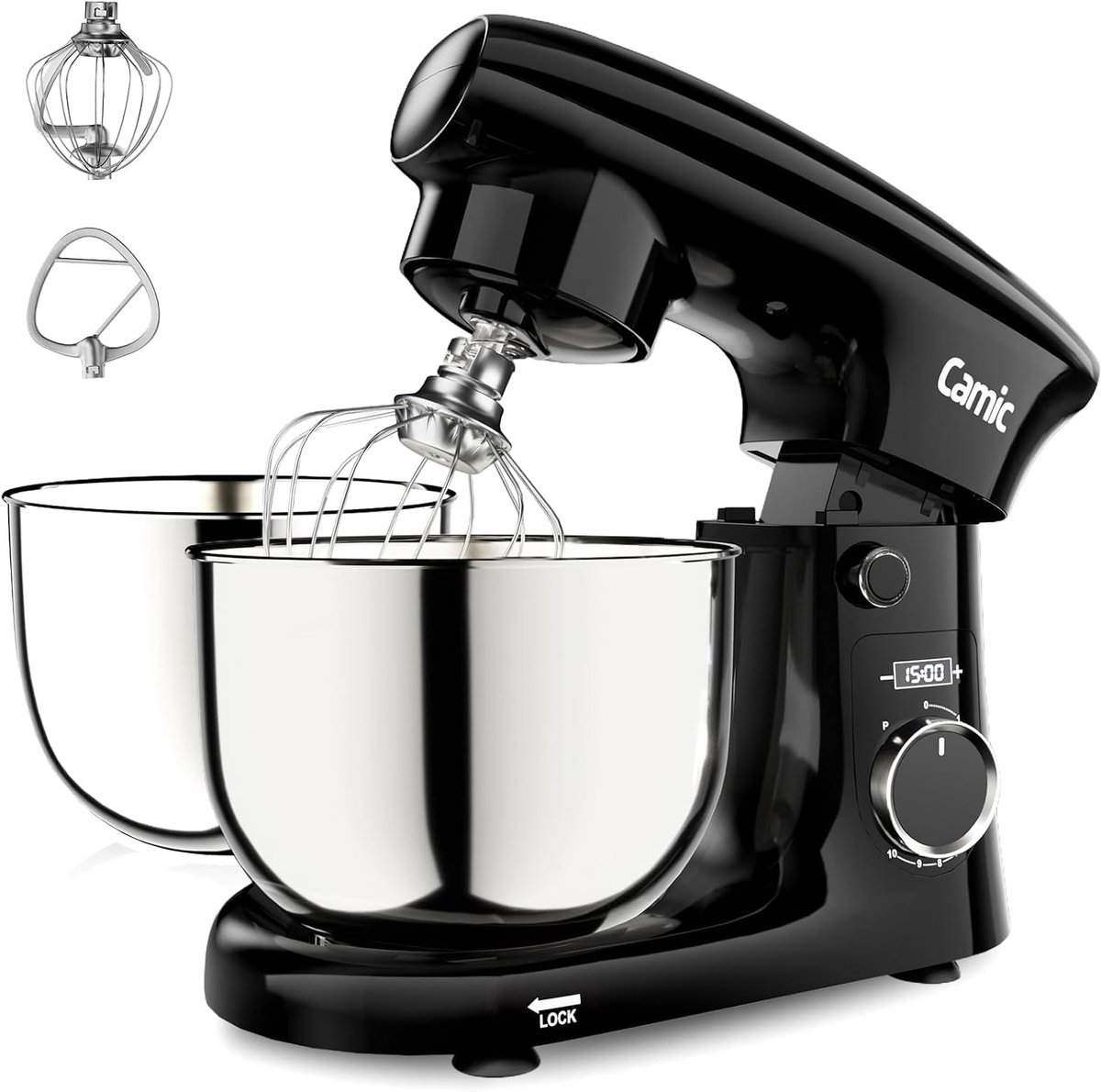 Keukenmachine met led-display - 10 snelheden - 2 roestvrijstalen kommen - ideaal voor deeg en cake - ShopVlot