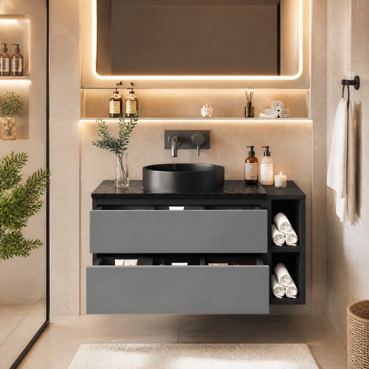 MEUNIQ Hangend badkamermeubel 80 x 44 x 48,5 cm met zwart keramisch opzetwaskom, 2 lades en open vak, greeploos MDF wastafelonderkast zwart en grijs