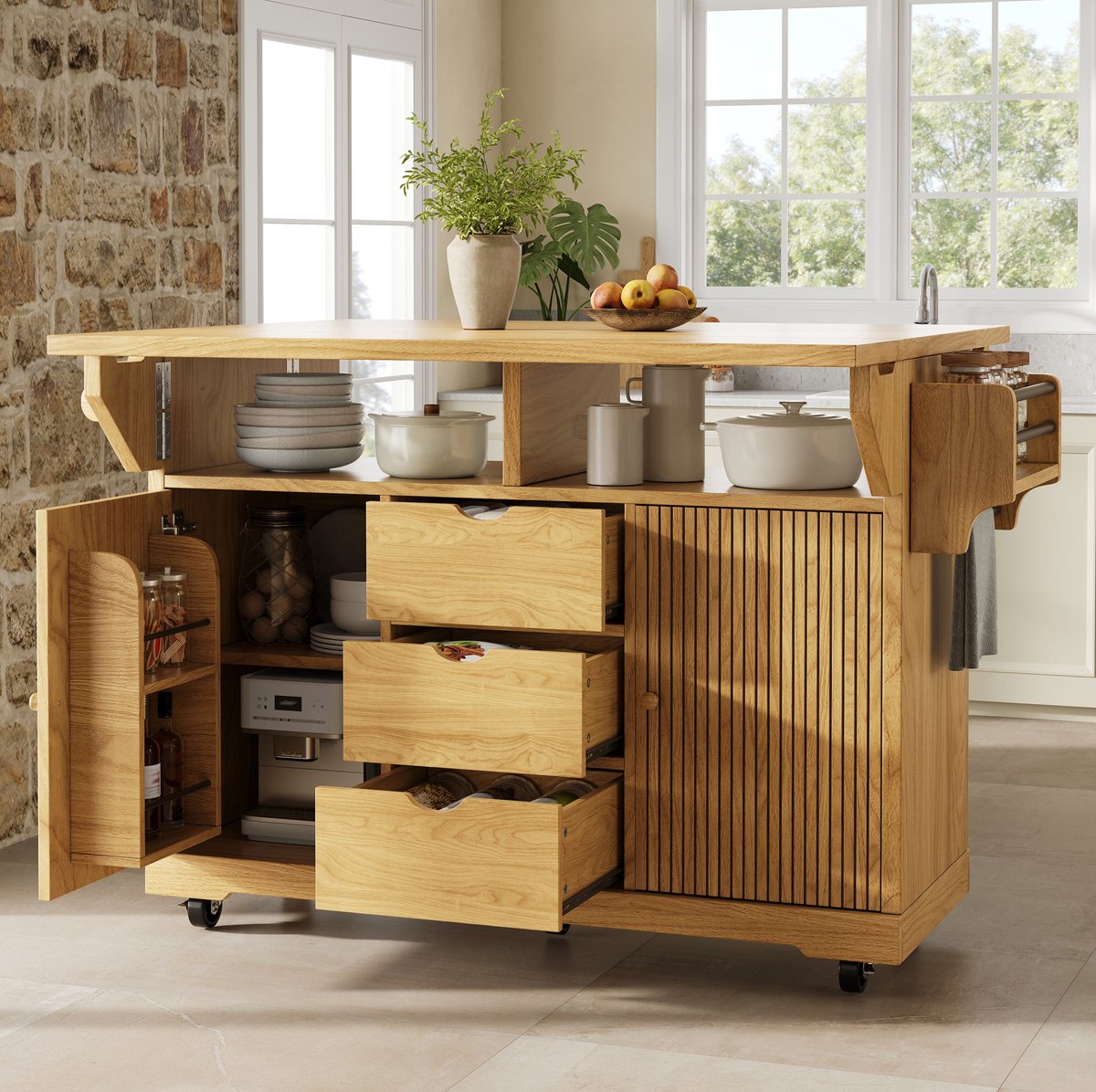 REDOM Keukenwagen met opklapbare verlengbladen - 3 lades en verstelbare legplanken - Vergrendelbare zwenkwielen - MDF en metaal - Bruin - 142,5 x 80 x 95 cm