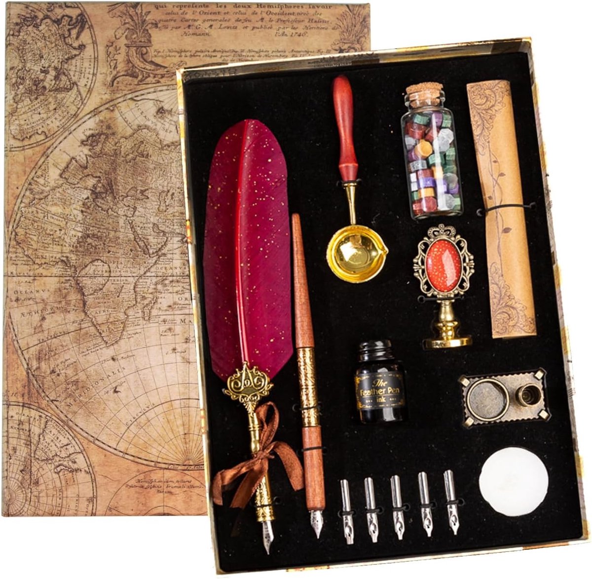 Elegante Veerpen en Inktset met Waszegelstempel, Dippenhouder, Briefpapier en Retro Cadeaubox voor Unieke Verjaardagscadeaus